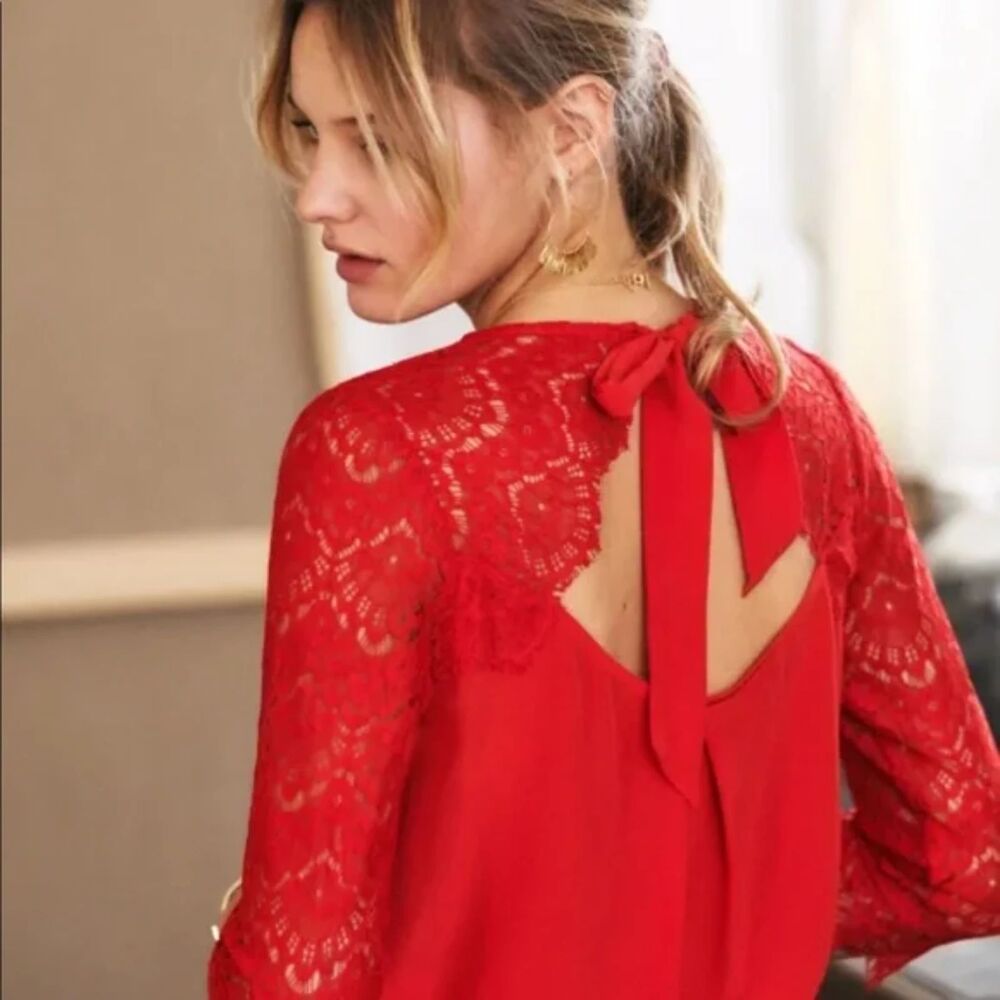 Sezane Adeline Silk Lace Bright Holiday Red Open Back Blouse 36 / 4 / S - Picture 2 of 7